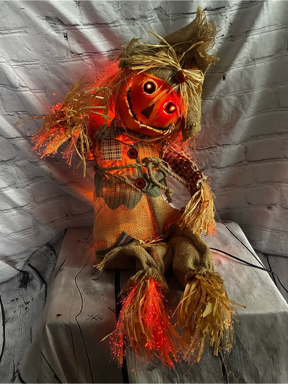 35” Vtg 90s Halloween Spooky Fall Harvest Kitsch Fiber Optic Pumpkin Scarecrow